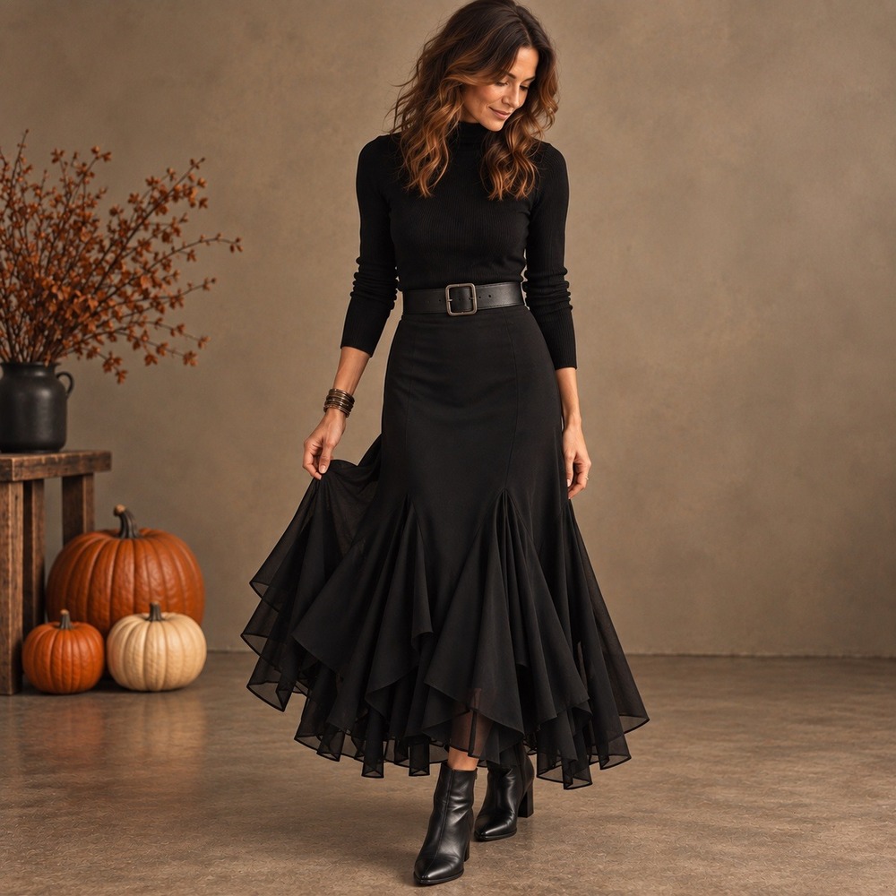 Black Mermaid Chiffon Skirt S Goth Witchy Victorian Ruffle Flounce *READ*